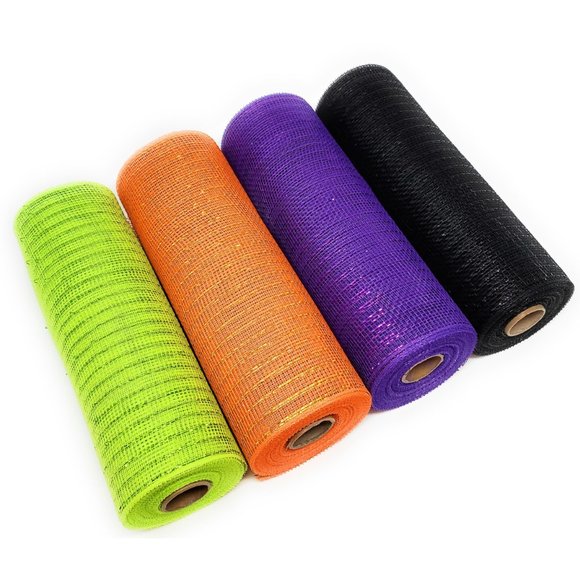 Halloween 10" Deco Metallic Mesh Ribbon Rolls (Orange, Black, Purple, Green) - Picture 2 of 3